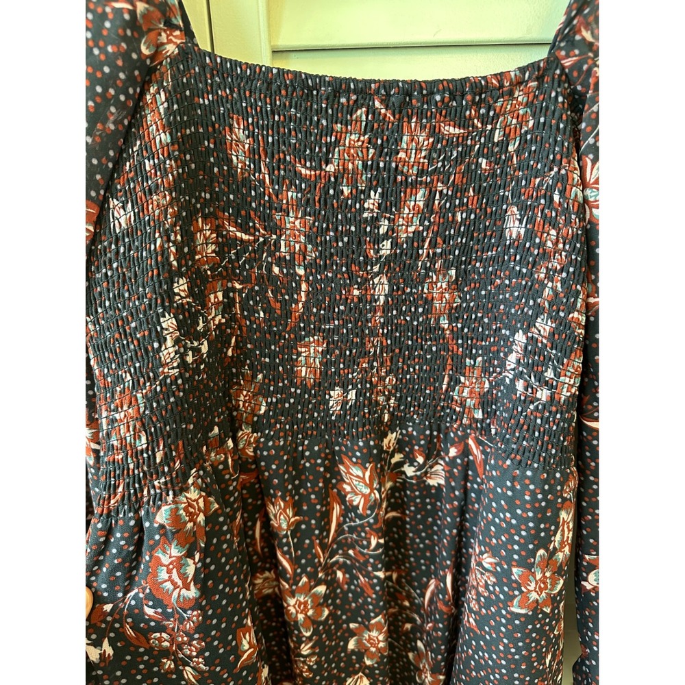 o.p.t. Floral Polka Dot Smocked Maxi Dress Square Neck Long Sleeve Slit L(9) - Picture 9 of 10